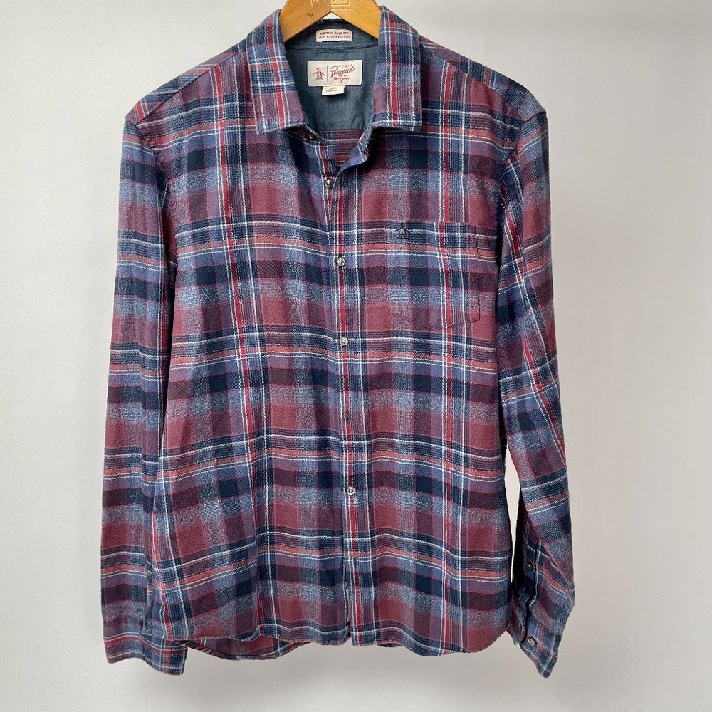 Mens Plaid Original Penguin Long Sleeve Button Up Flannel, Size XL Heritage Slim